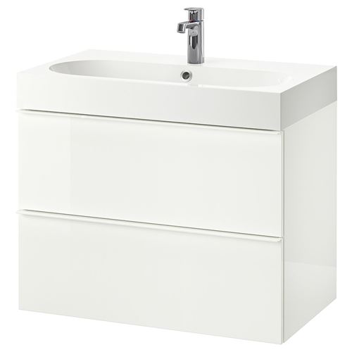 IKEA - GODMORGON/BRAVIKEN, lavabo dolabı kombinasyonu, parlak cila beyaz, 80x49x68 cm