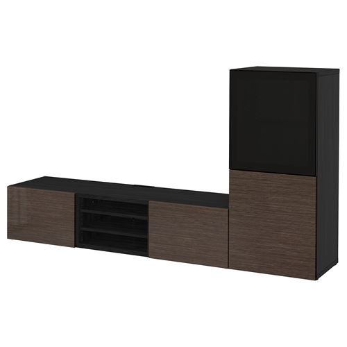 IKEA - BESTA, tv storage unit, black-brown/high-gloss/brown/smoked glass, 240x42x129 cm