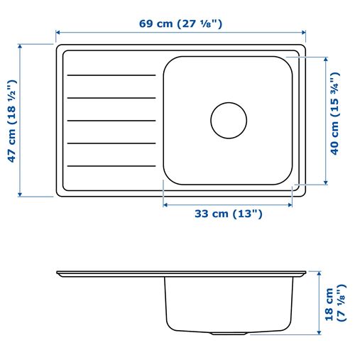 IKEA - VATTUDALEN, 1 bowl insert sink with drainer, stainless steel, 69x47 cm