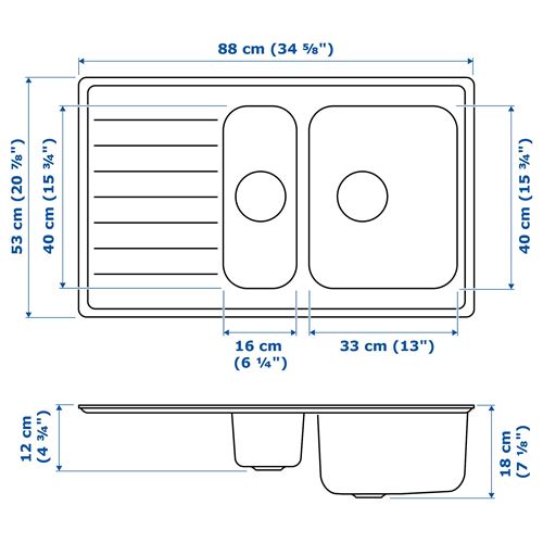 IKEA - VATTUDALEN, bir buçuk gözlü damlalıklı eviye, paslanmaz çelik, 88x53 cm