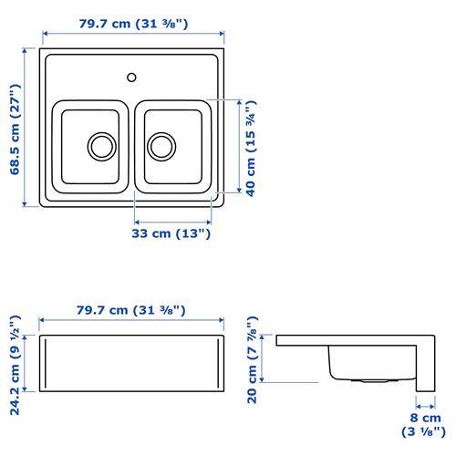 IKEA - BREDSJÖN/LILLVIKEN, çift gözlü eviye, paslanmaz çelik, 80x69 cm