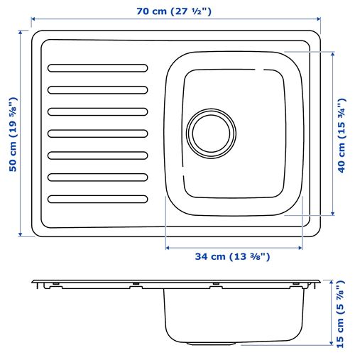 IKEA - FYNDIG/LILLVIKEN, tek gözlü damlalıklı eviye, paslanmaz çelik, 70x50 cm