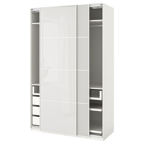 IKEA - PAX, PAX sürgü kapaklı gardırop, beyaz-açık gri, 150x66x236 cm