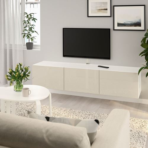 IKEA - BESTA, tv bench, white/high-gloss/beige, 180x42x38 cm