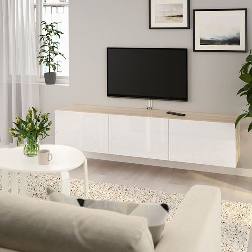 IKEA - BESTA, tv bench, white stained oak effect/high-gloss/white, 180x42x38 cm