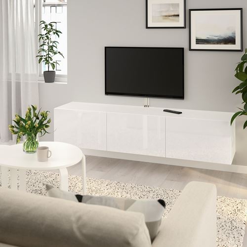 IKEA - BESTA, tv bench, high-gloss-white, 180x42x38 cm