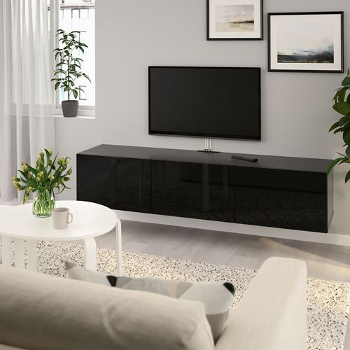 IKEA - BESTA, tv bench, black-brown/high-gloss/black, 180x42x38 cm