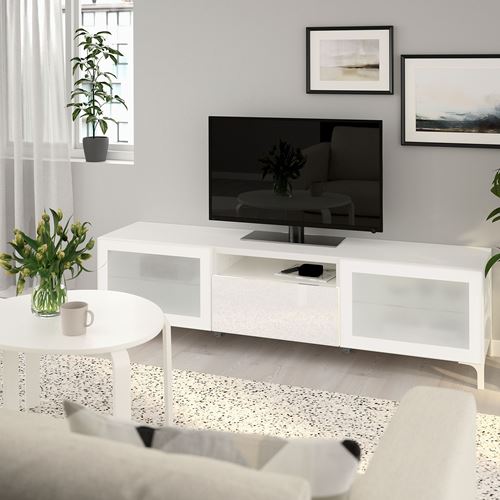 IKEA - BESTA, tv sehpası, beyaz-parlak cila-buzlu cam, 180x42x48 cm