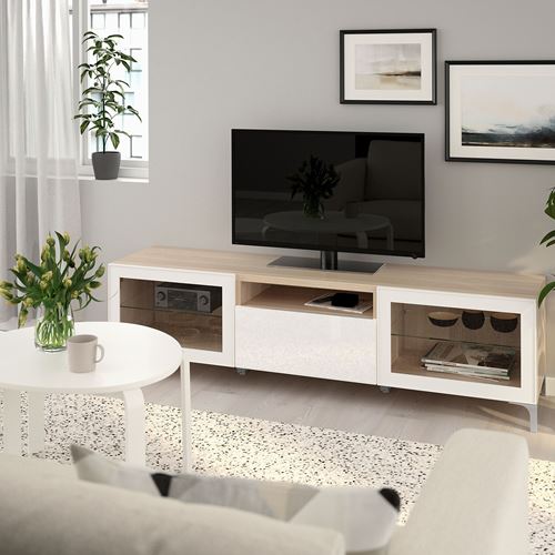 IKEA - BESTA, tv bench, white stained oak effect/high-gloss/white/clear glass, 180x42x48 cm