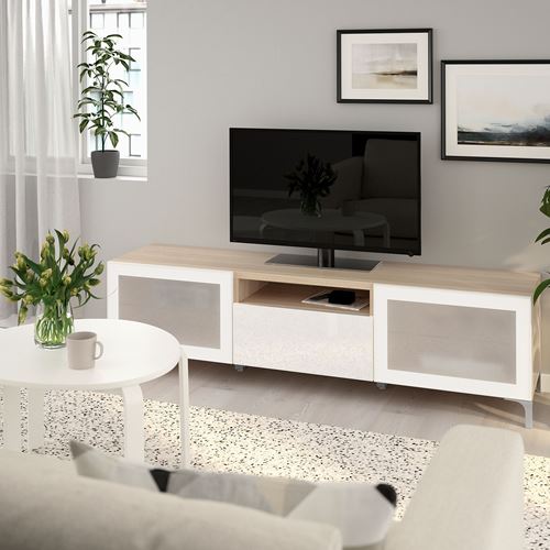 IKEA - BESTA, tv bench, white stained oak effect/high-gloss/white/frosted glass, 180x42x48 cm