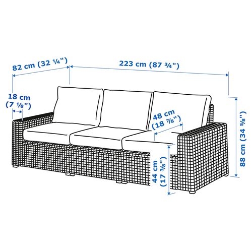 IKEA - SOLLERÖN, 3-seat garden sofa, brown, 223x82x88 cm