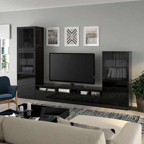 IKEA - BESTA, tv ünitesi, venge-parlak cila-siyah-füme cam, 300x42x193 cm