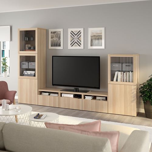 IKEA - BESTA, tv storage unit, white stained oak effect/white stained oak eff/clear glass, 300x42x193 cm