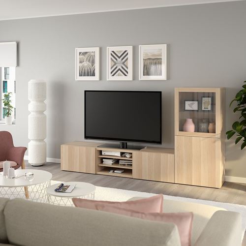 IKEA - BESTA, tv ünitesi, ağartılmış meşe görünümlü-beyaz meşe görünümlü-şeffaf cam, 240x42x129 cm