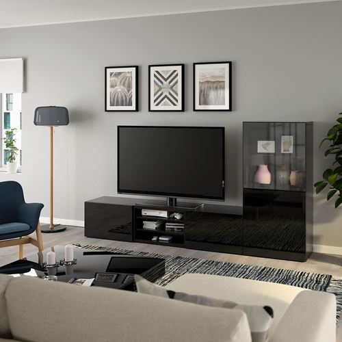 IKEA - BESTA, tv ünitesi, venge-siyah-şeffaf cam, 240x42x129 cm