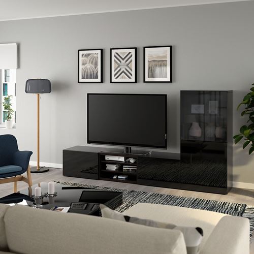 IKEA - BESTA, tv ünitesi, venge-parlak cila-siyah-füme cam, 240x42x129 cm