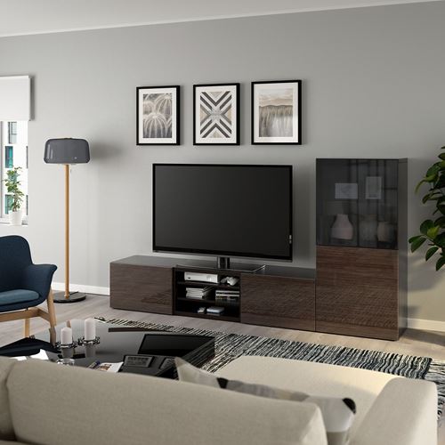 IKEA - BESTA, tv storage unit, black-brown/high-gloss/brown/smoked glass, 240x42x129 cm