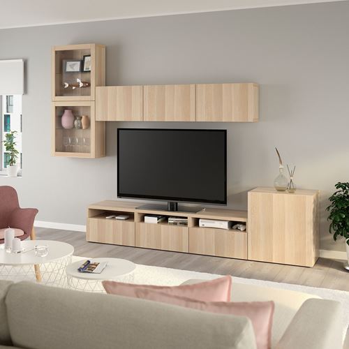 IKEA - BESTA, tv storage unit, white stained oak effect/white stained oak eff/clear glass, 300x42x211 cm