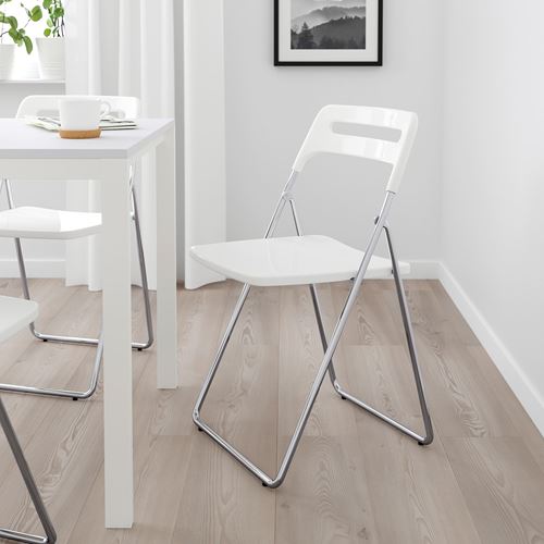 IKEA - NISSE, folding chair, high-gloss white/chrome-plated