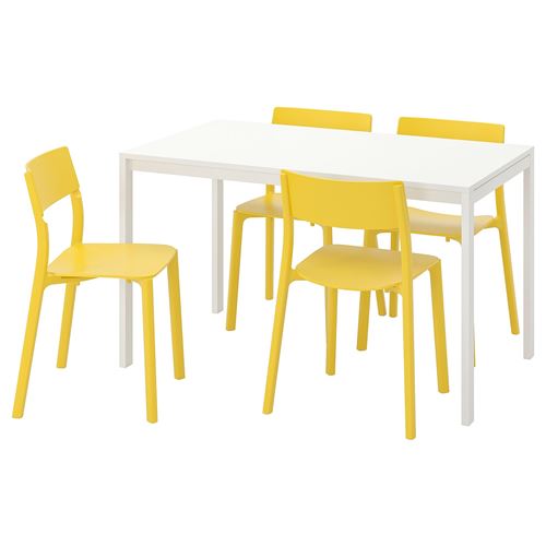 IKEA - MELLTORP/JANINGE, kitchen table set, white/yellow, 4 chairs