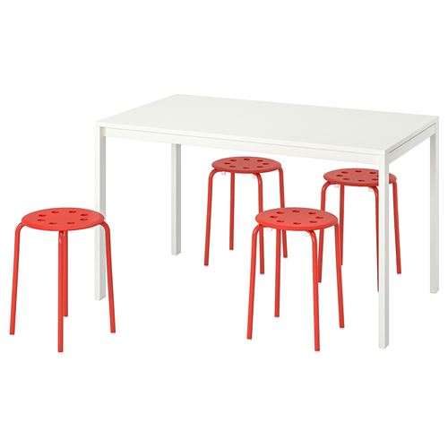 IKEA - MELLTORP/MARIUS, kitchen table set, white/red, 4 stools