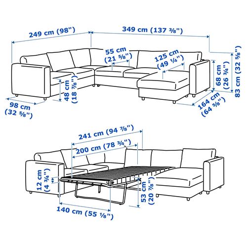 IKEA - VIMLE, 4'lü yataklı köşe kanepe ve uzanma koltuğu, saxemara mavi-siyah