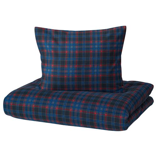 IKEA - MOSSRUTA, single duvet cover sets, dark blue-check, 150x200/50x60 cm