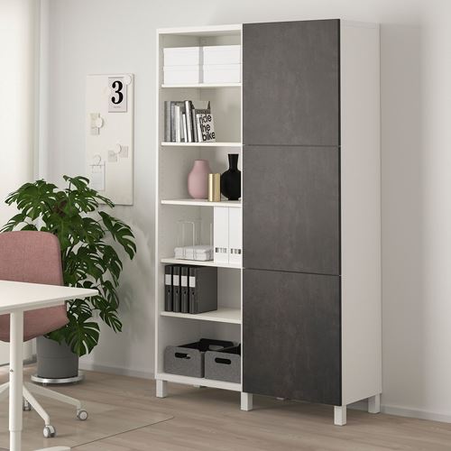 IKEA - BESTA, bookcase with door, white-stone effect, 120x42x202 cm