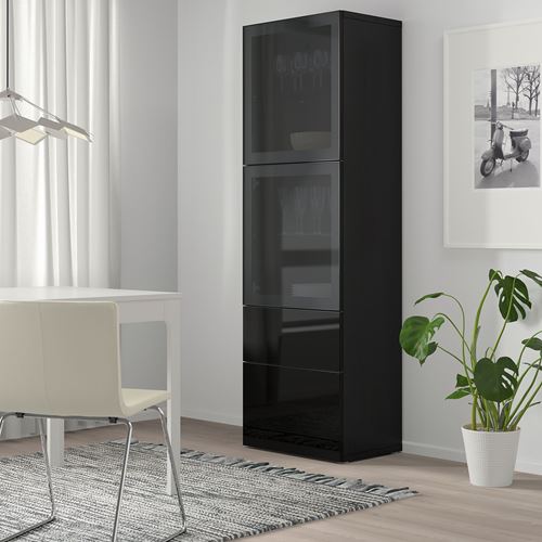 IKEA - BESTA, storage combination, black-brown/high-gloss/black/smoked glass, 60x42x193 cm