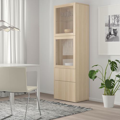 IKEA - BESTA, storage combination, white stained oak effect/white stained oak eff/clear glass, 60x42x192 cm