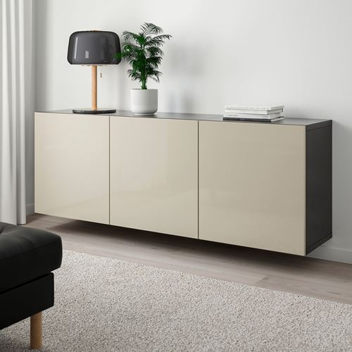 IKEA - BESTA, wall cabinet, black-brown/high-gloss/beige, 180x42x64 cm