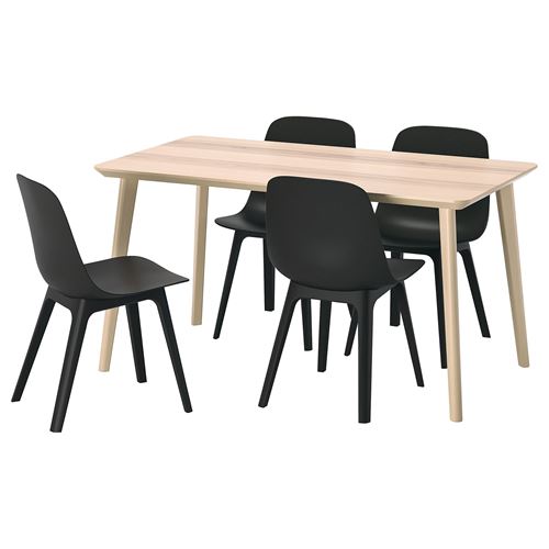 IKEA - LISABO/ODGER, kitchen table set, ash veneer-anthracite, 4 chairs