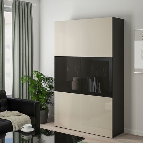 IKEA - BESTA, storage combination, black-brown/high-gloss/beige/smoked glass, 120x42x193 cm