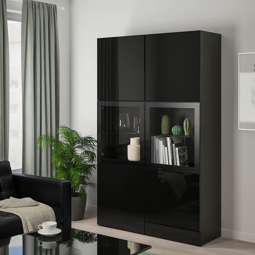 IKEA - BESTA, storage combination, black-brown/black/clear glass, 120x42x193 cm