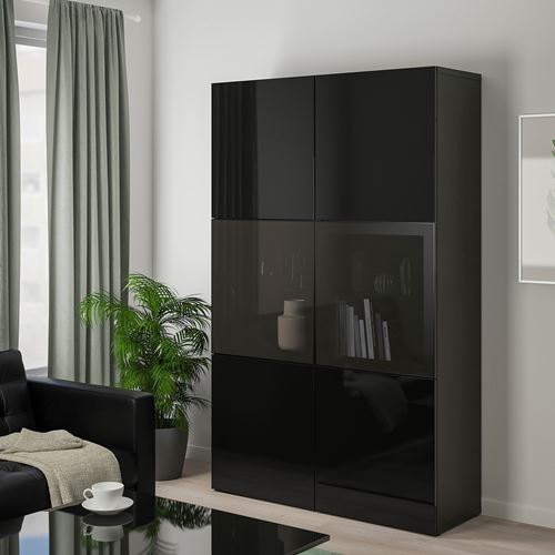 IKEA - BESTA, storage combination, black-brown/high-gloss/black/smoked glass, 120x42x193 cm