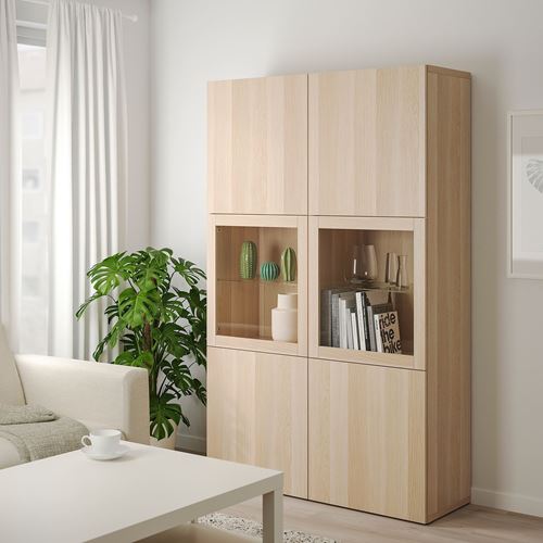 IKEA - BESTA, storage combination, white stained oak effect/white stained oak eff/clear glass, 120x40x192 cm