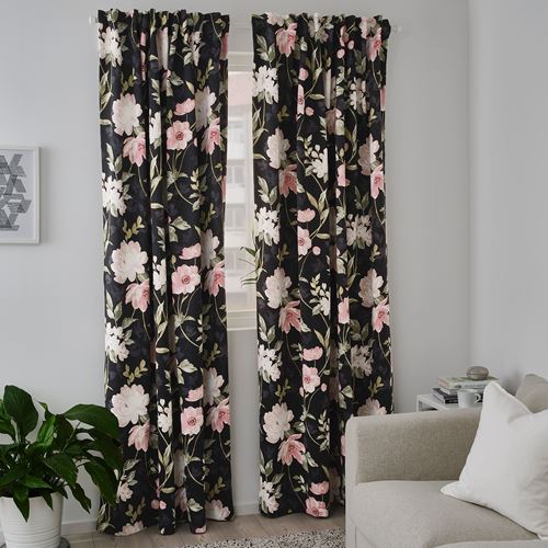 IKEA - ROSENMOTT, karartma perde/2 kanat, siyah-çiçek desenli, 145x300 cm