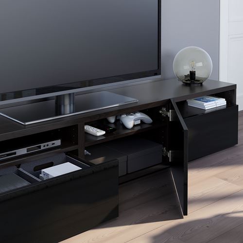 IKEA - BESTA, tv bench, black-brown/high-gloss/black, 180x42x39 cm