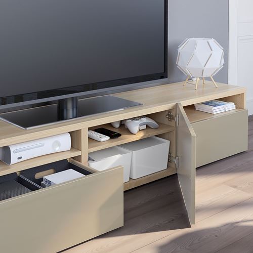 IKEA - BESTA, tv bench, white stained oak effect/high-gloss/beige, 180x42x39 cm