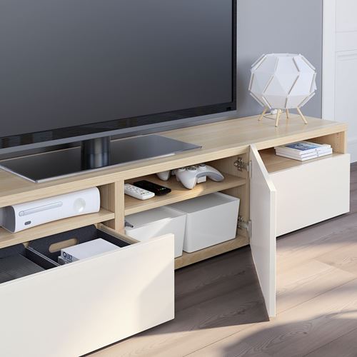 IKEA - BESTA, tv bench, white stained oak effect/high-gloss/white, 180x42x39 cm