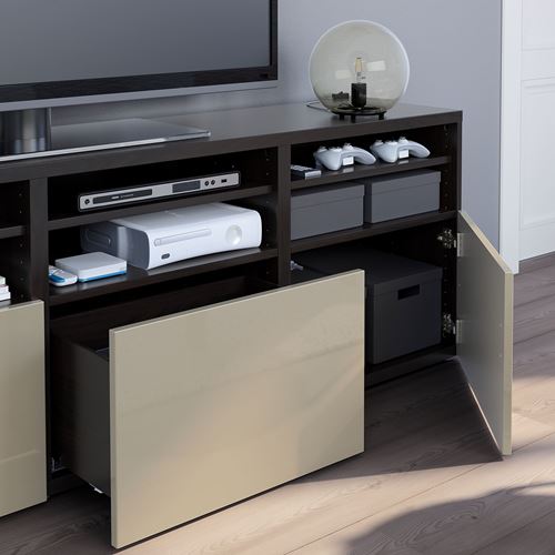 IKEA - BESTA, tv storage unit, black-brown/high-gloss/beige/smoked glass, 180x42x192 cm