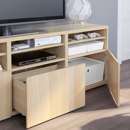 IKEA - BESTA, tv storage unit, white stained oak effect/white stained oak eff/clear glass, 180x42x192 cm