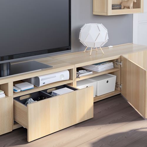 IKEA - BESTA, tv storage unit, white stained oak effect/white stained oak eff/clear glass, 240x42x190 cm