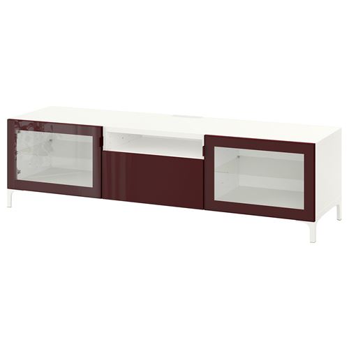 IKEA - BESTA, tv bench, white/high-gloss/dark red/brown, 180x42x48 cm