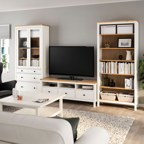 IKEA - HEMNES, tv ünitesi, beyaz vernik-açık kahverengi, 326x197 cm