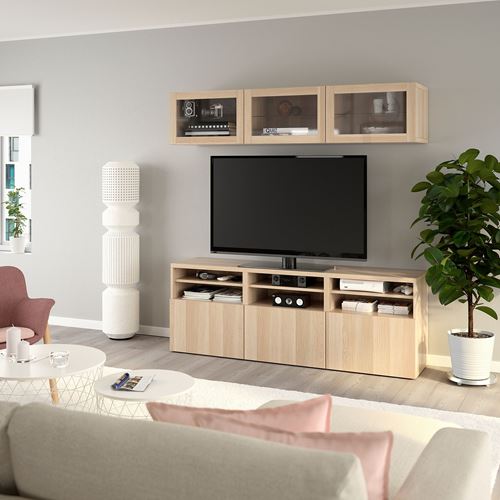 IKEA - BESTA, tv storage unit, white stained oak effect/white stained oak eff/clear glass, 180x42x192 cm