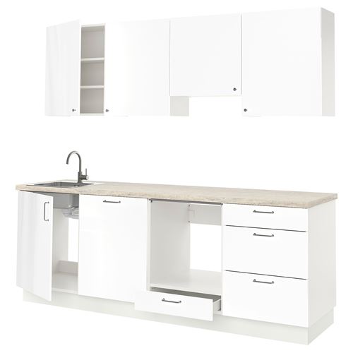 IKEA - ENHET, kitchen storage combination, high gloss white, 243x63.5x222 cm