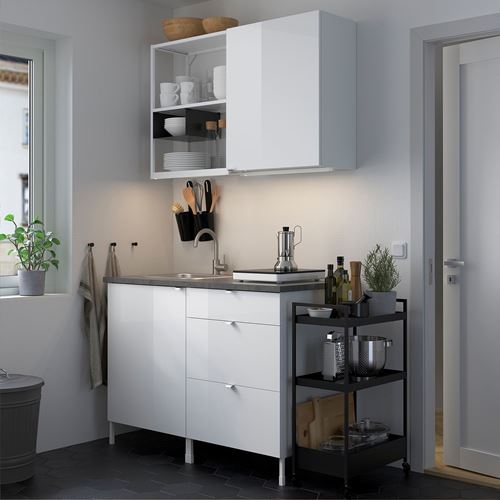 IKEA - ENHET, kitchen storage combination, white-high gloss white, 123x63.5x222 cm