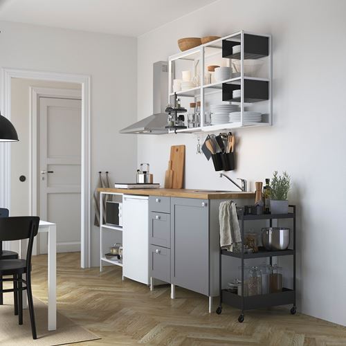 IKEA - ENHET, mutfak dolabı kombinasyonu, beyaz-gri, 223x63,5x222 cm