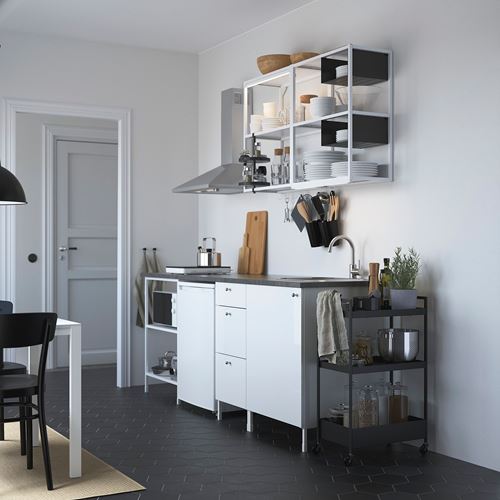 IKEA - ENHET, kitchen storage combination, white-high gloss white, 223x63.5x222 cm